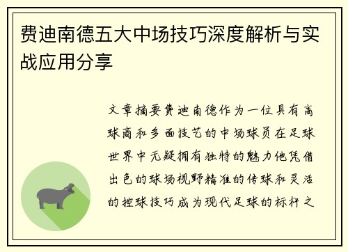 费迪南德五大中场技巧深度解析与实战应用分享