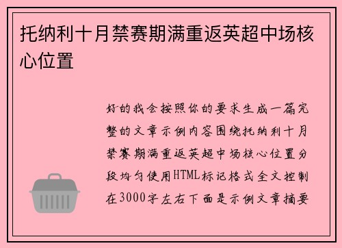 托纳利十月禁赛期满重返英超中场核心位置
